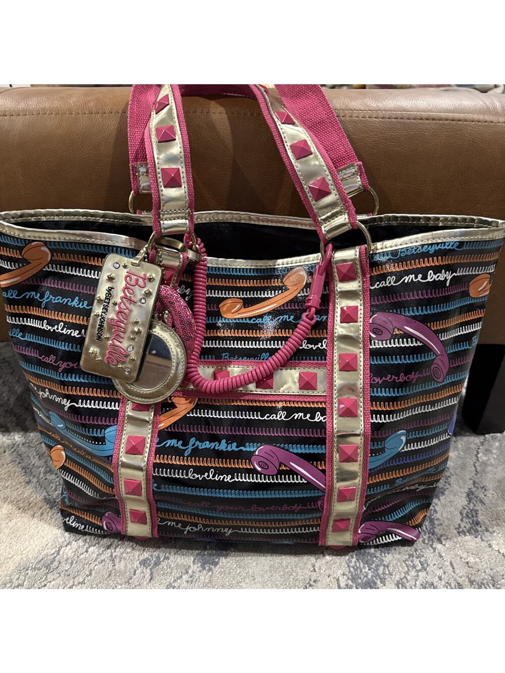 Betseyville by Betsey Johnson “Call Me” Telephone Print Studded Tote Bag F